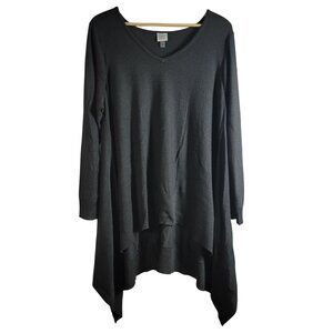 Cupio Curvy Tunic Sweater Gray 1X Long Sleeve Hi Low V Neck Pullover Semi-Sheer